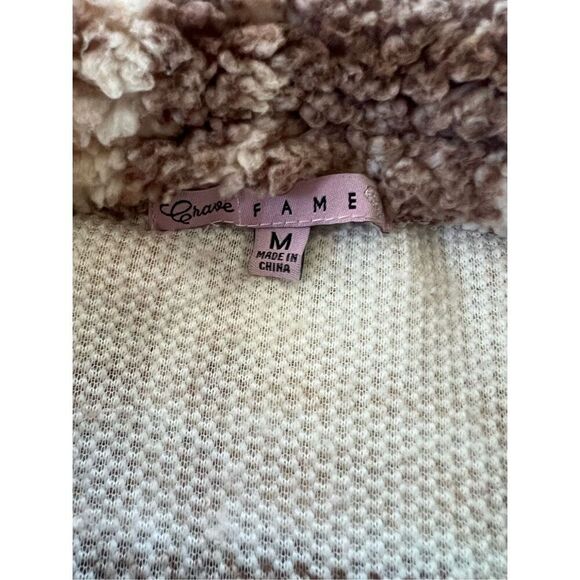 Crave Fame Chocolate Brown Cream Plaid Button Front Faux Sherpa Shacket Junior M - Picture 5 of 5